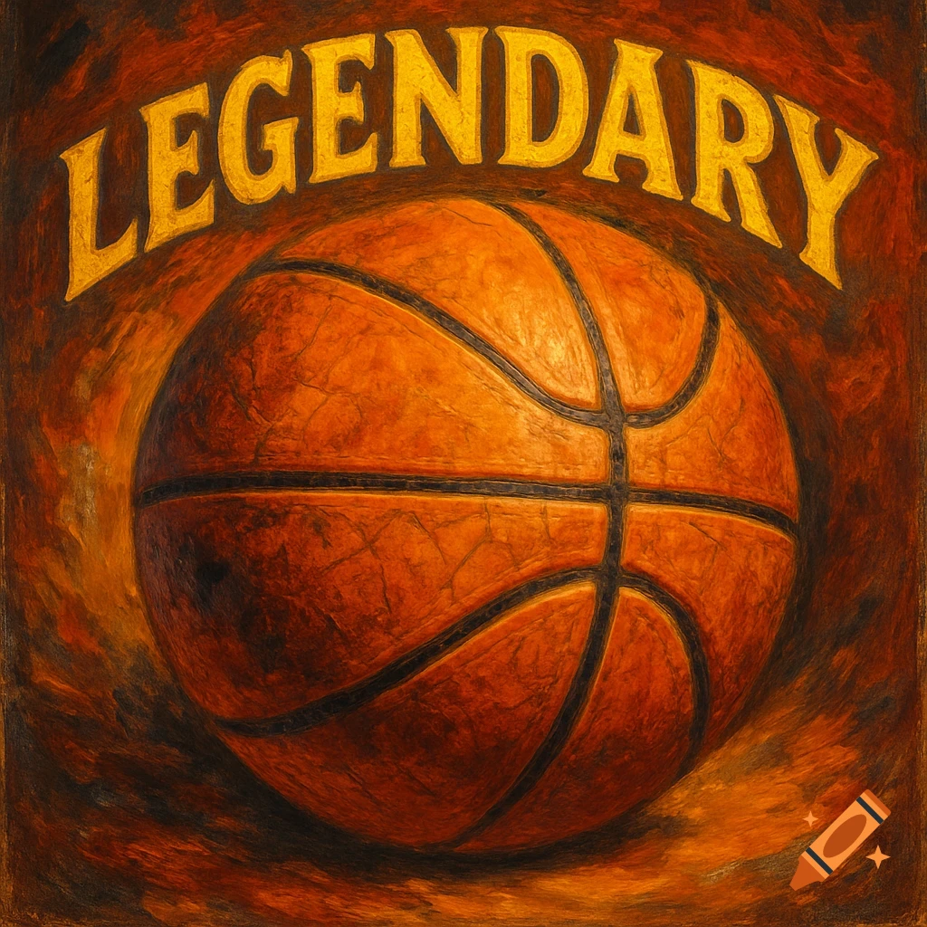 An orange basketball with the word LEGENDARY in yellow text above it, rendered in a textured, painterly style.