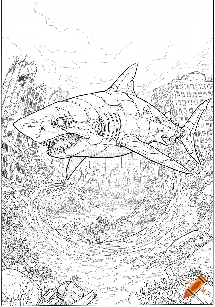 Line art coloring page of a cyborg shark swimming above a ruined underwater city with damaged buildings and debris.