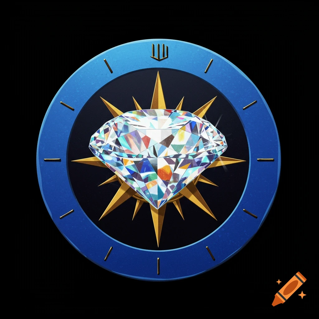 A stylized clock face featuring a blue circle with gold notches, centered by a radiant, multi-faceted diamond and a gold eight-point compass rose.