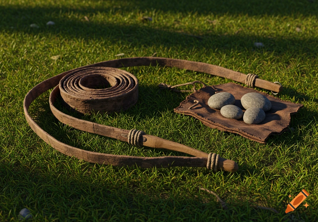 A coiled leather sling and a small pouch with four grey stones lying on green grass.