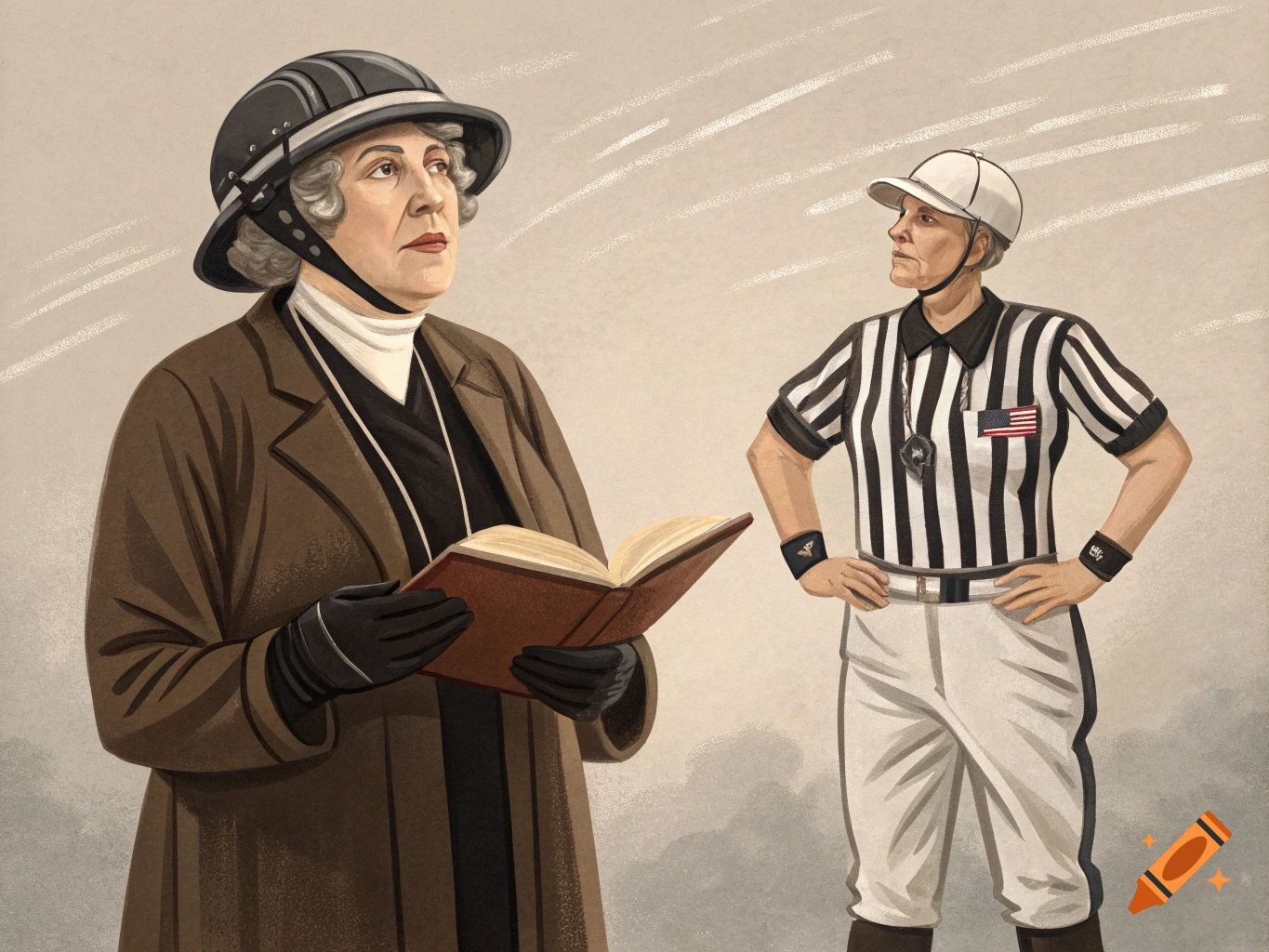 An illustration depicts an older woman in a helmet and coat holding an open book, looking upwards, standing next to a woman in a referee uniform with a whistle, hands on hips.
