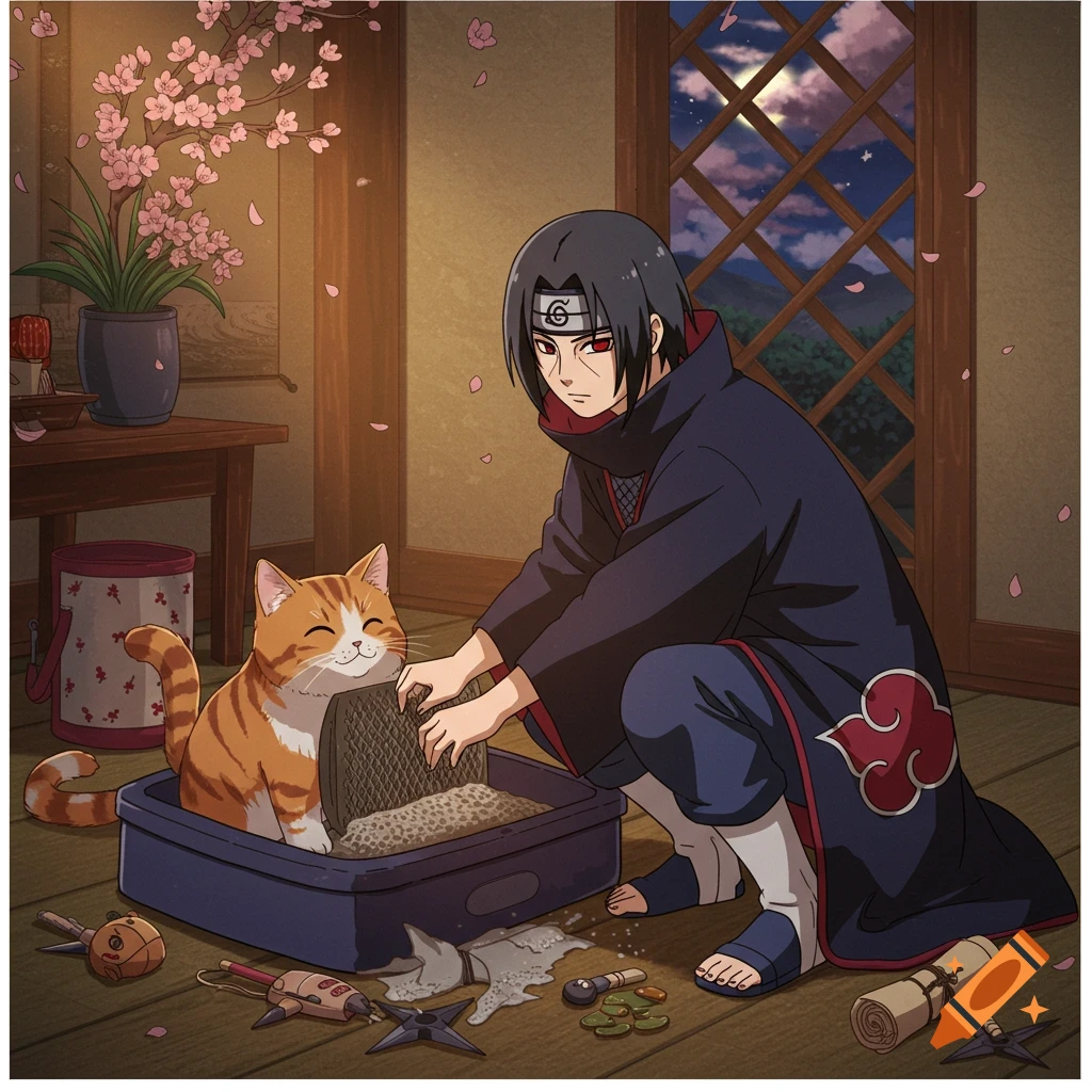 Itachi Uchiha in a dark cloak is squatting beside an orange cat in a litter box, surrounded by cherry blossoms indoors in an anime style.