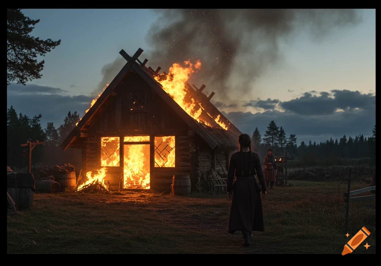 A photorealistic image of a medieval woman walking away from a burning wooden house at dusk, with smoke rising.