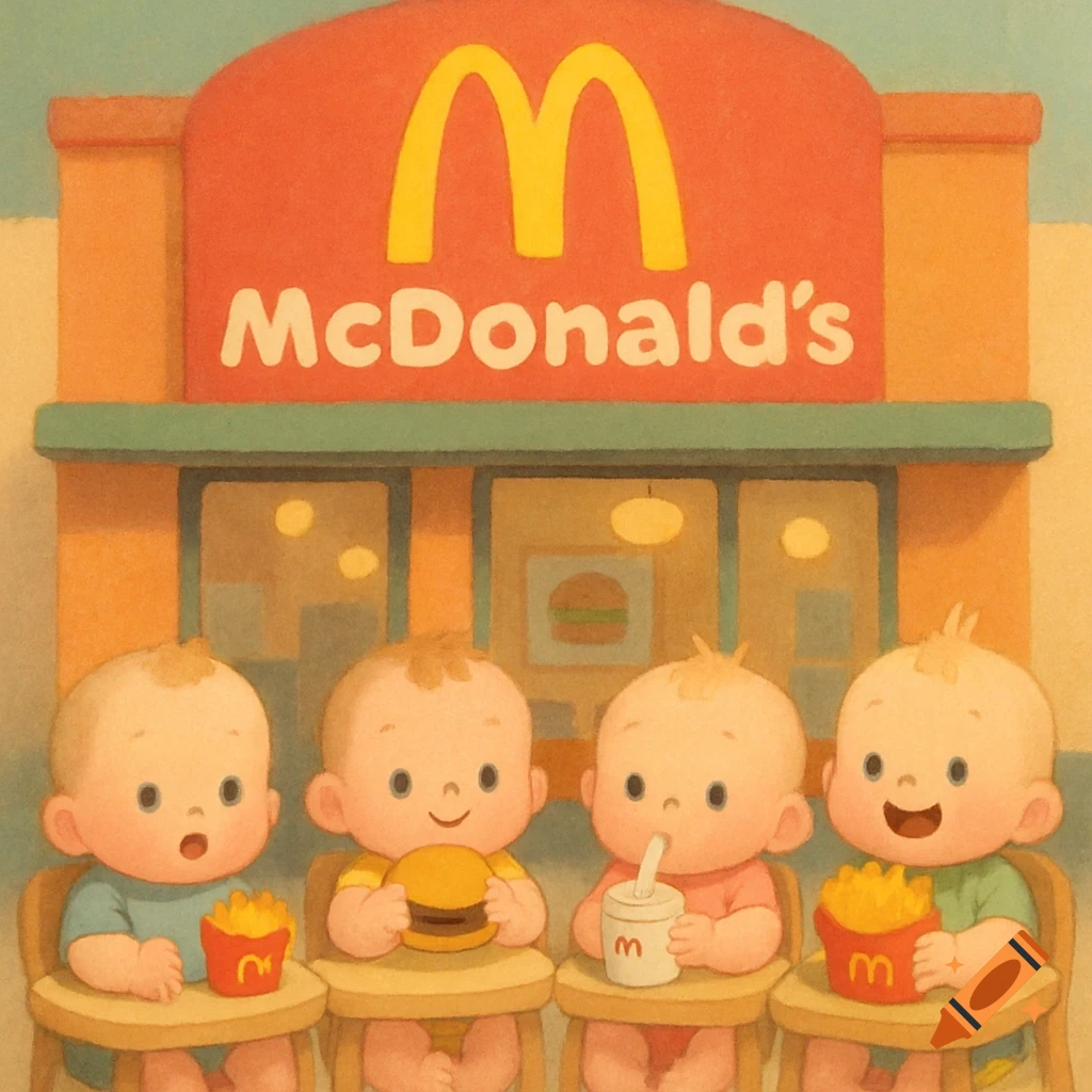 Four cartoon babies sitting in high chairs outside a McDonald's, eating fries and burgers in a cute illustration style.