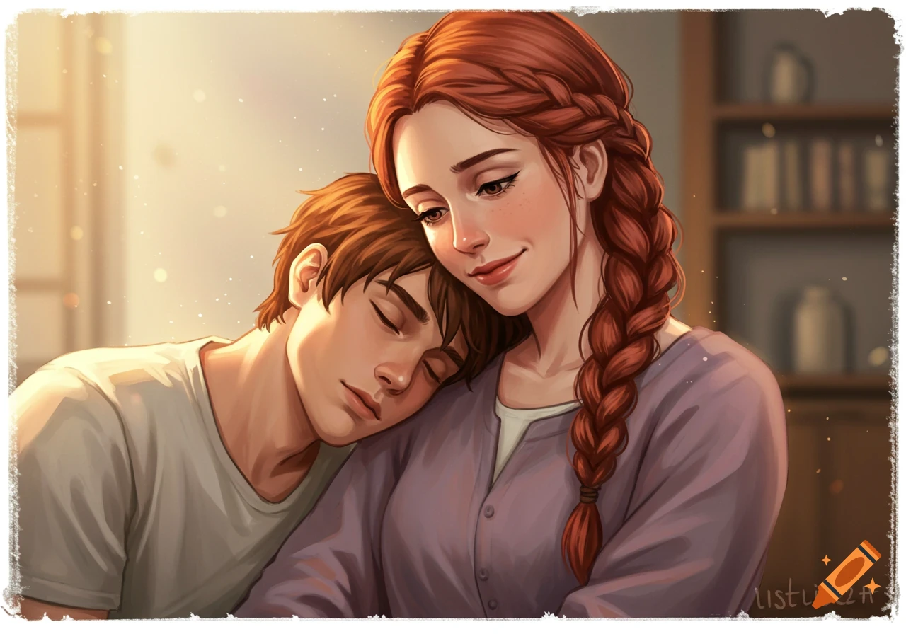 Digital painting of a young man sleeping peacefully on a woman's shoulder, who smiles gently.