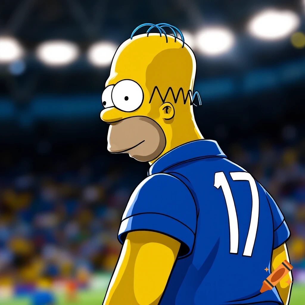 Homer Simpson wearing a blue soccer jersey with the number 17 on the back, standing in a stadium. Cartoon style.