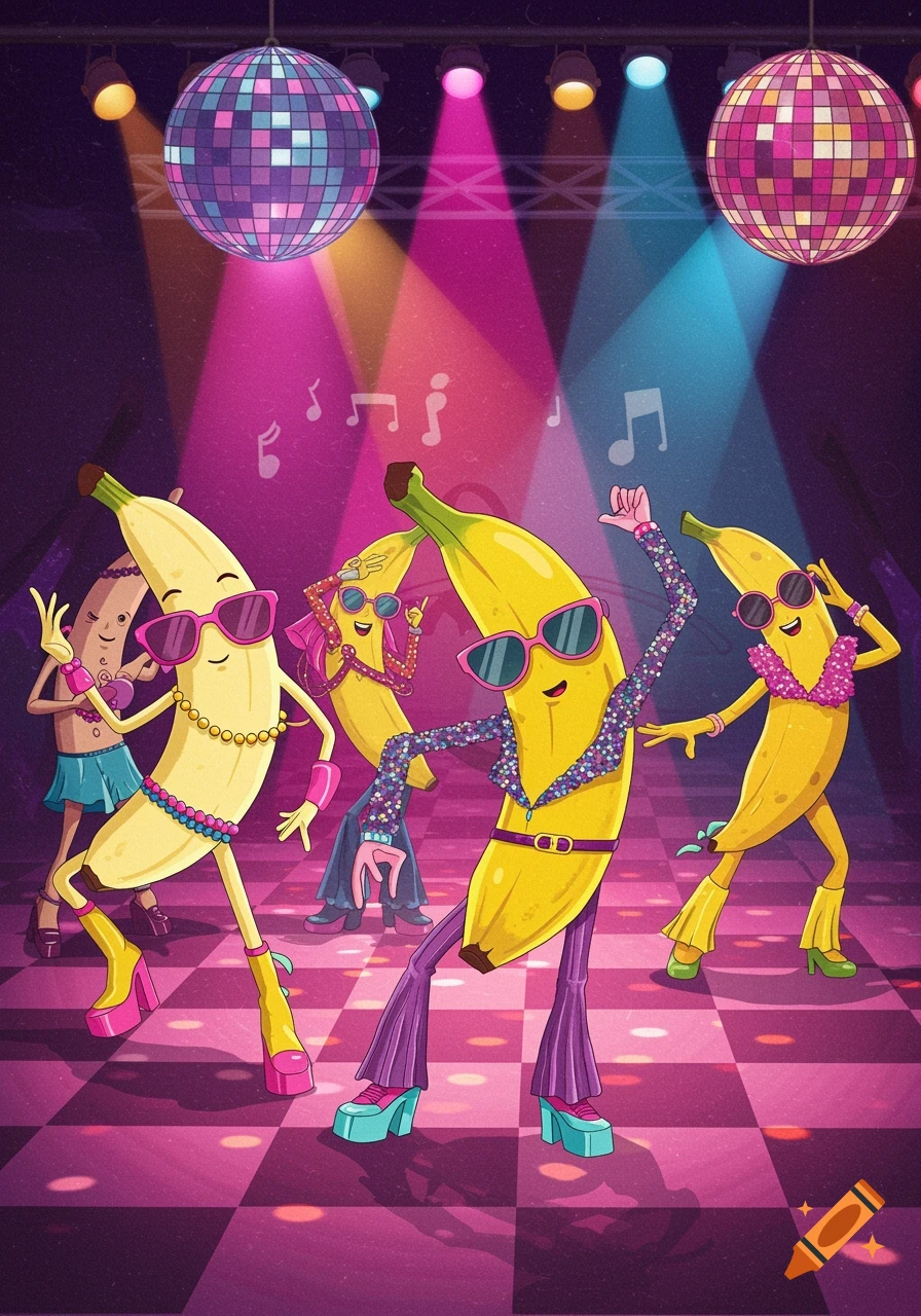Cartoon bananas with sunglasses and funky outfits dance under colorful disco balls and strobe lights on a checkered dance floor.