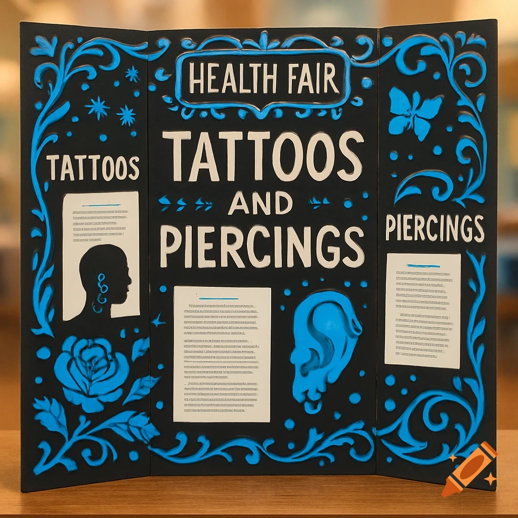 A black tri-fold display board for a health fair, decorated with intricate blue swirls and featuring white text that reads "HEALTH FAIR" and "TATTOOS AND PIERCINGS."