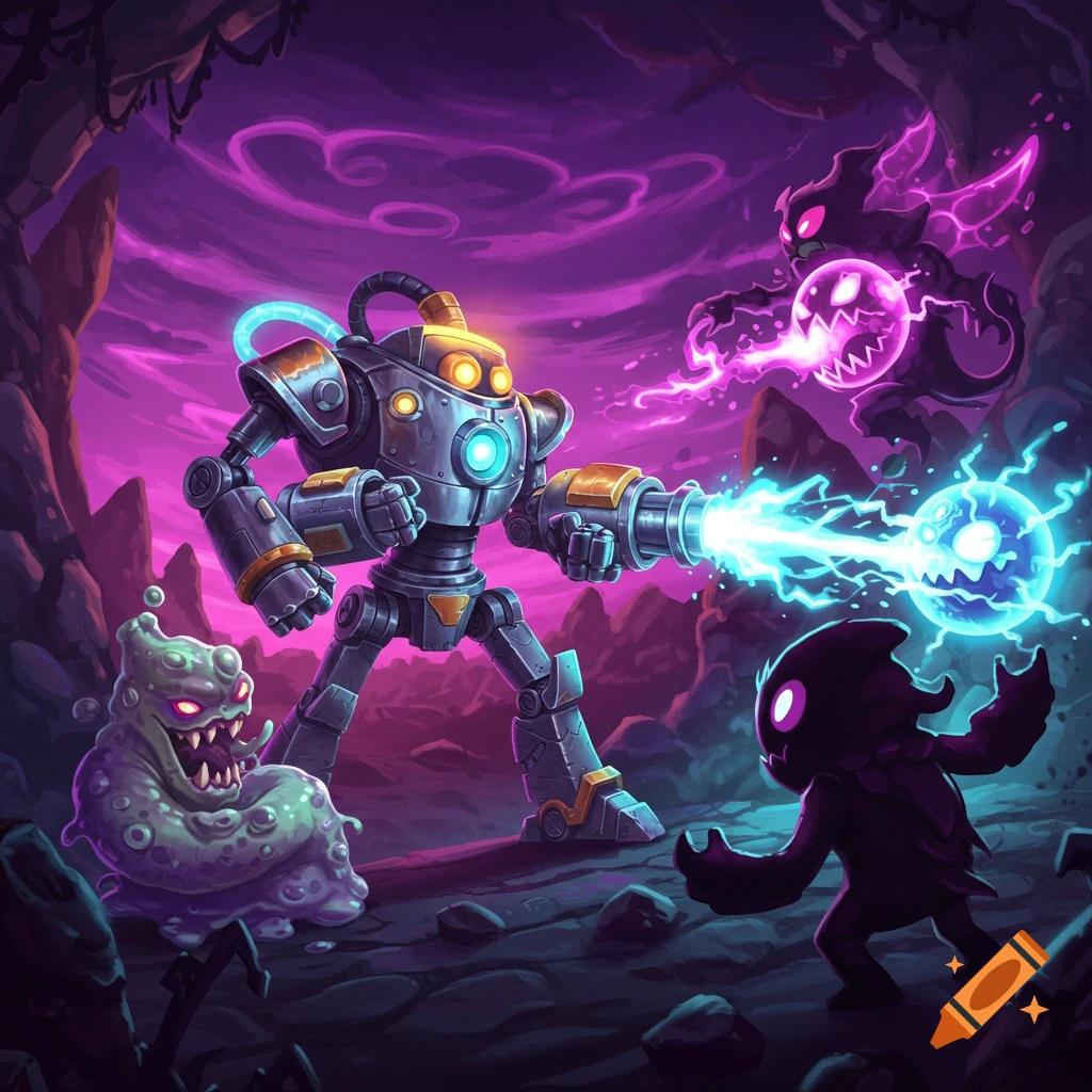 A cartoon robot battles various monsters with a plasma beam in a vibrant, purple-lit cave.
