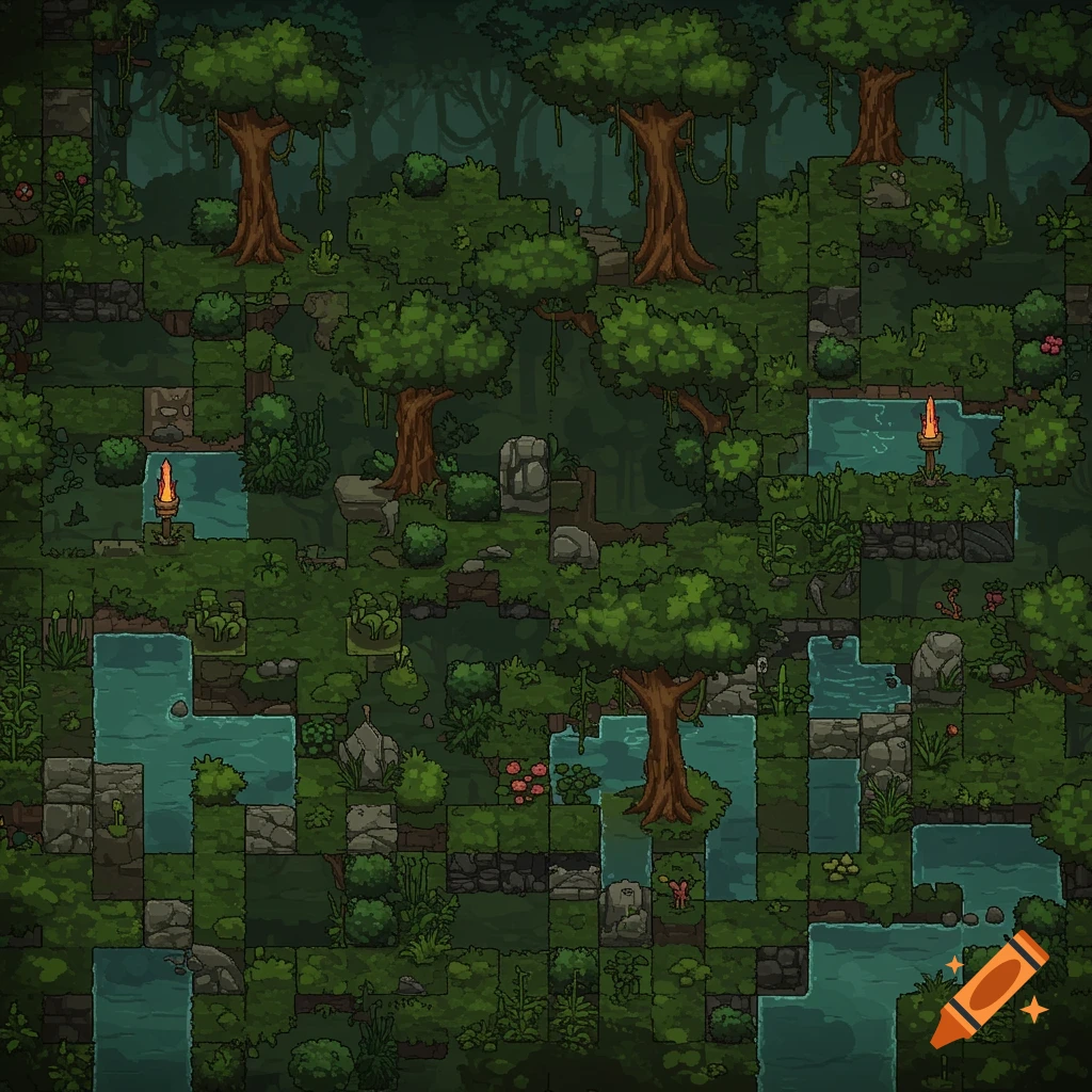 A dark pixel art jungle tileset with trees, bushes, rocks, water, and torches, designed for a side-scrolling platformer game.