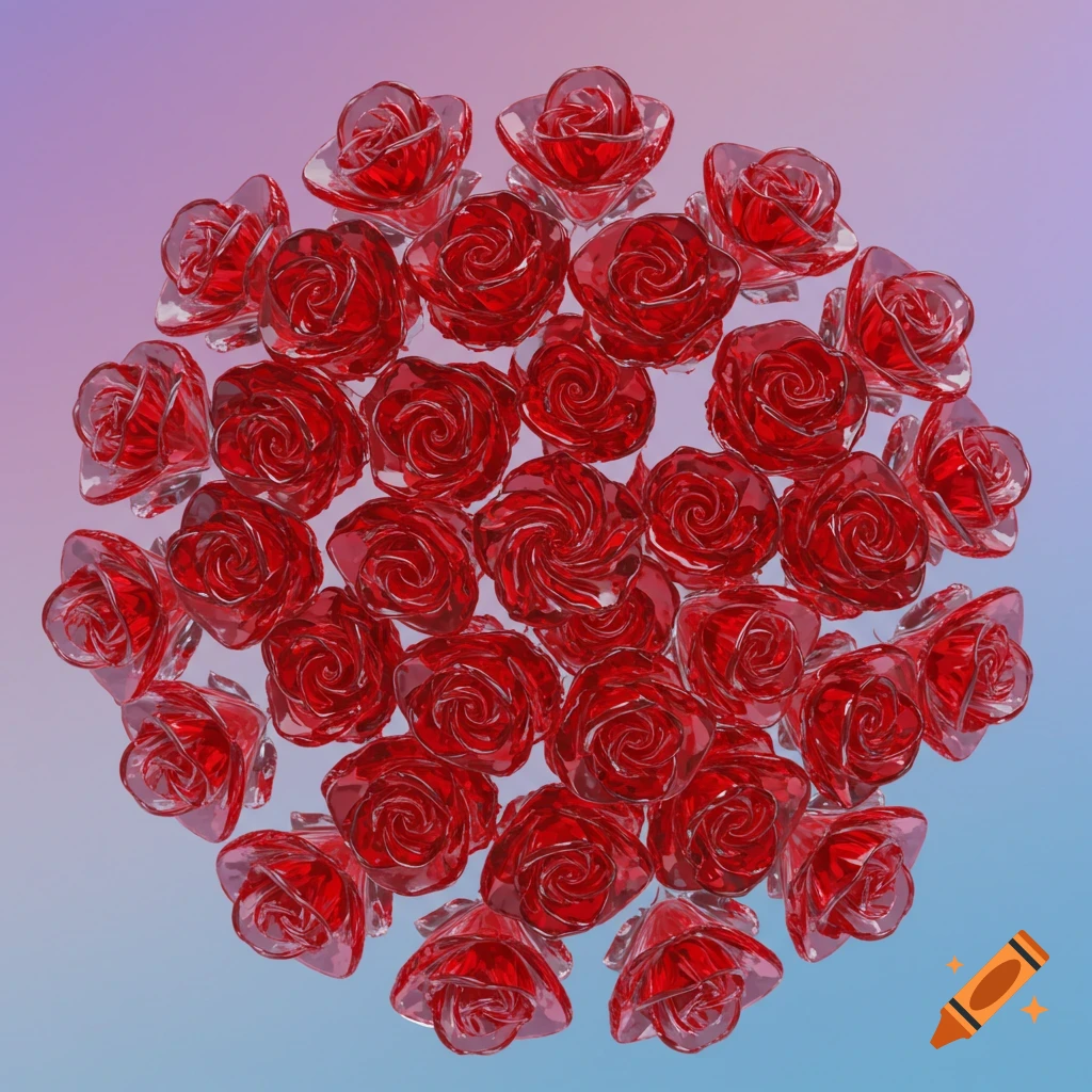A circular arrangement of translucent red glass roses with a purple and blue gradient background.