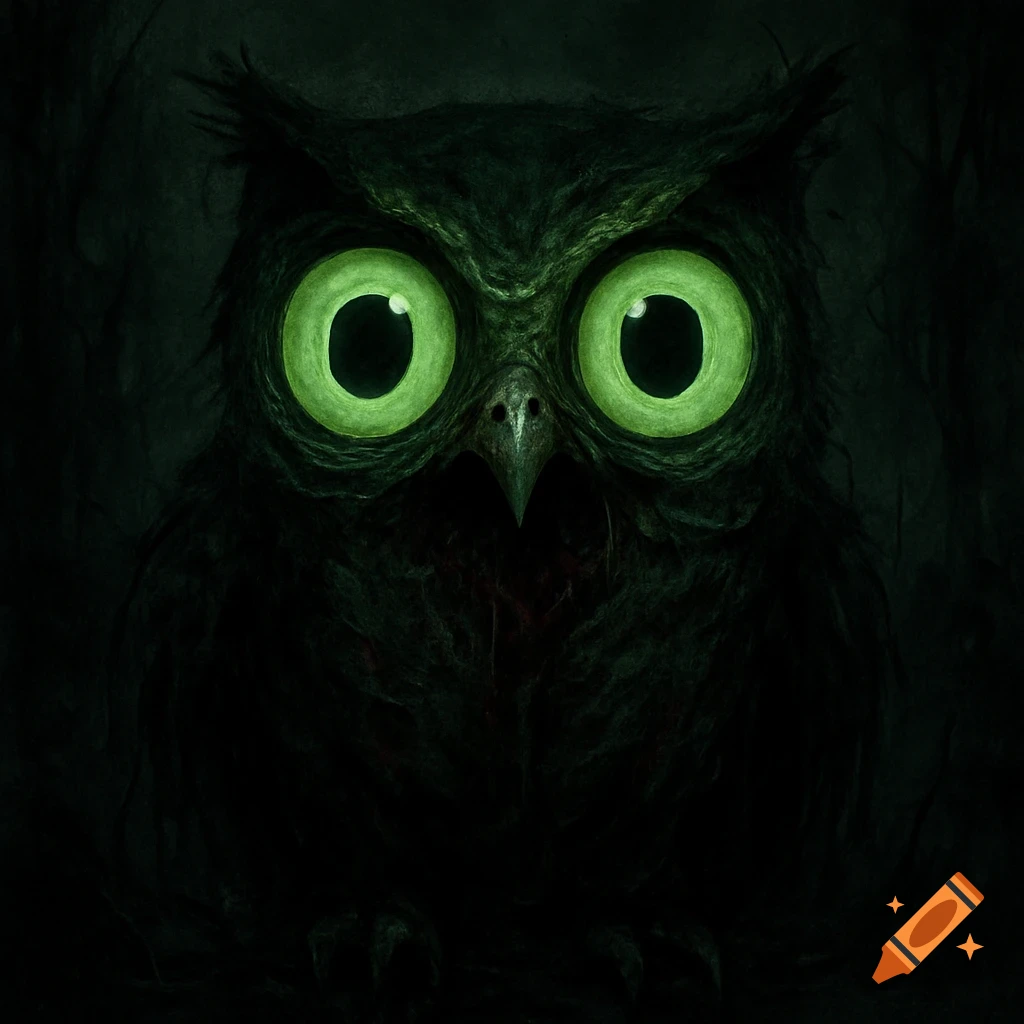 A creepy, dark green stylized owl with large, glowing green eyes stares intensely from a dark background.