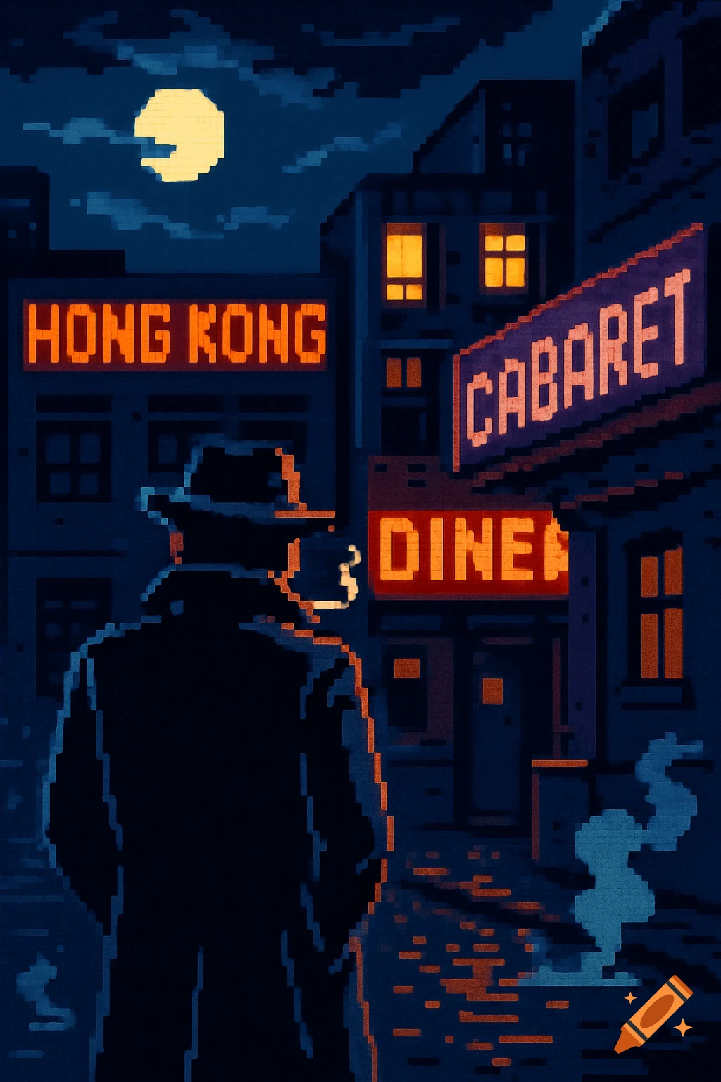 Pixel art of a detective, back to viewer, on a dark city street at night with neon signs 'Hong Kong', 'Cabaret', 'Diner'.