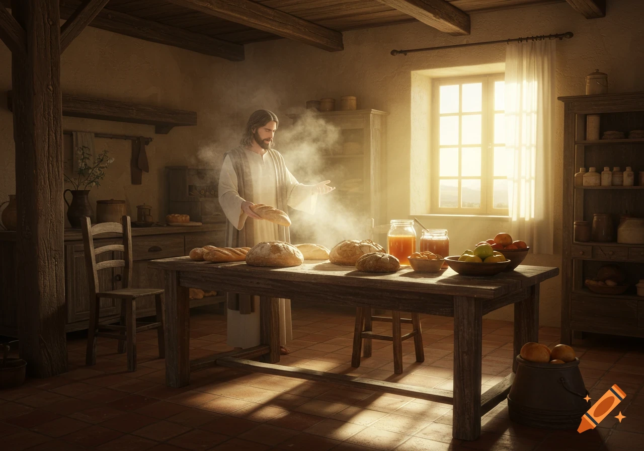 Photorealistic depiction of Jesus in a rustic kitchen, holding a loaf of bread over a table of freshly baked loaves and fruit.