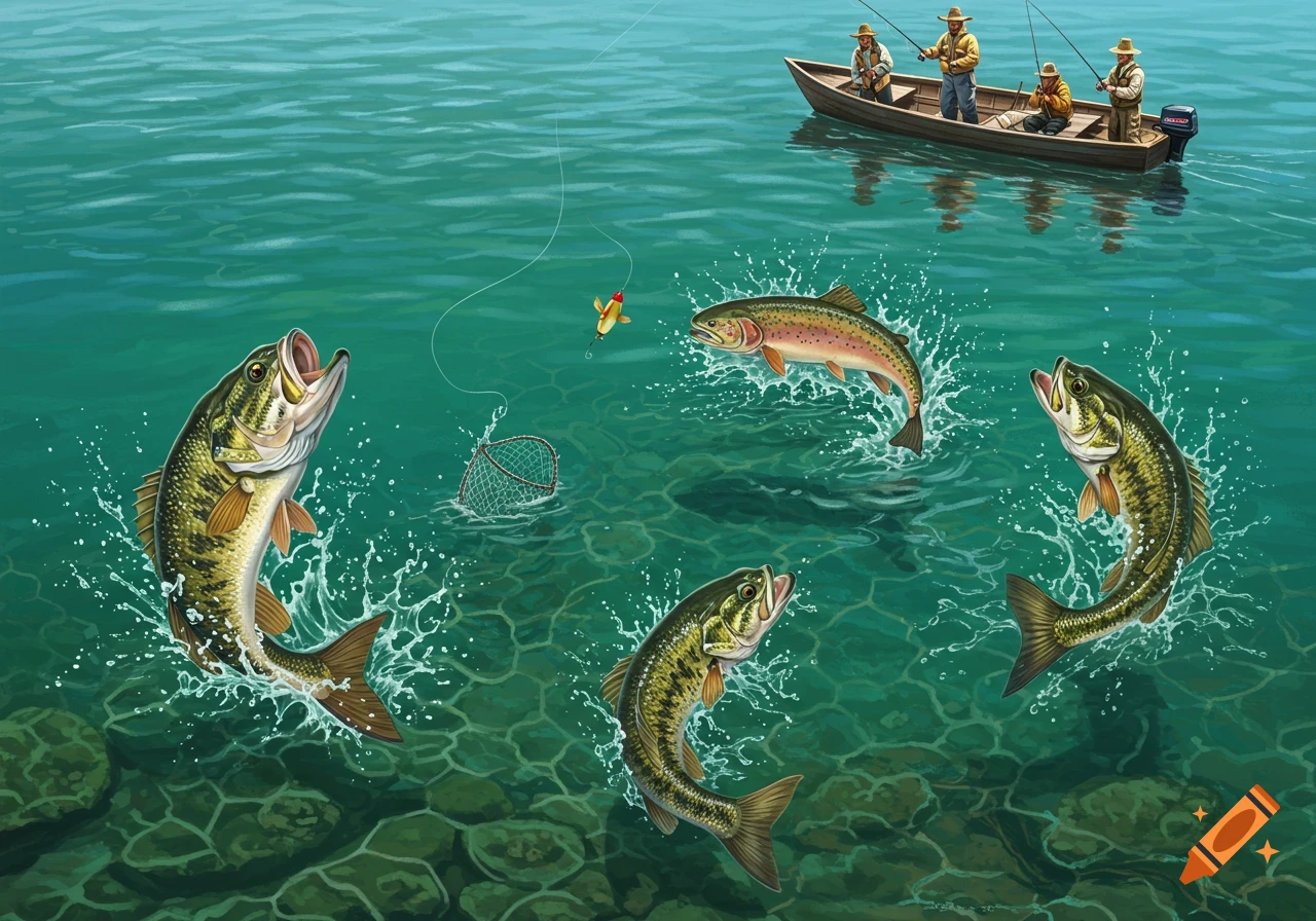 Vibrant illustration of a fishing scene with four men in a boat on a ...