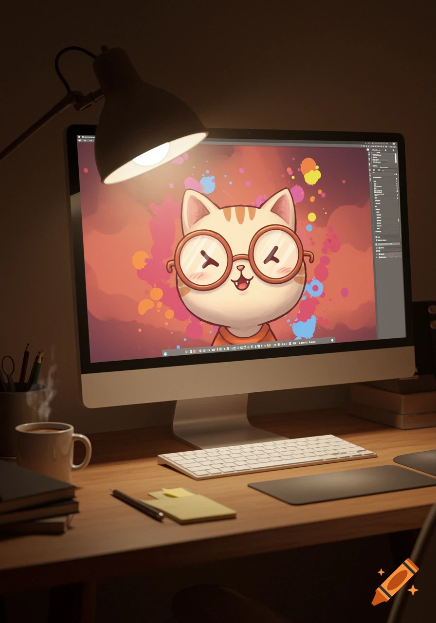 A cozy desk setup with a computer displaying a happy cartoon cat illustration. A desk lamp illuminates the scene, with a steaming mug and books.