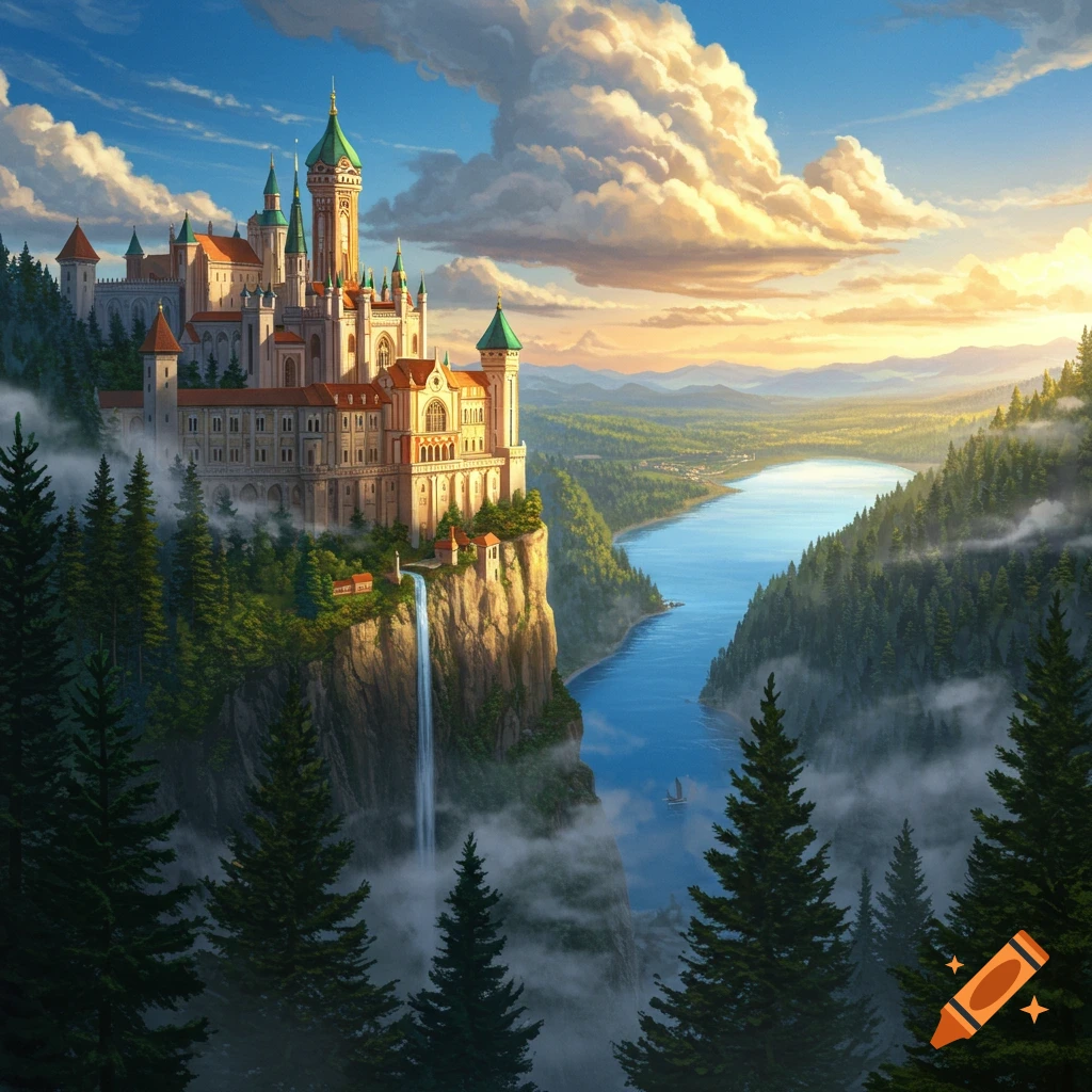 Majestic castle perched on a cliff overlooking a serene lake and a vast forest, under a dramatic sky at sunset, digital painting.
