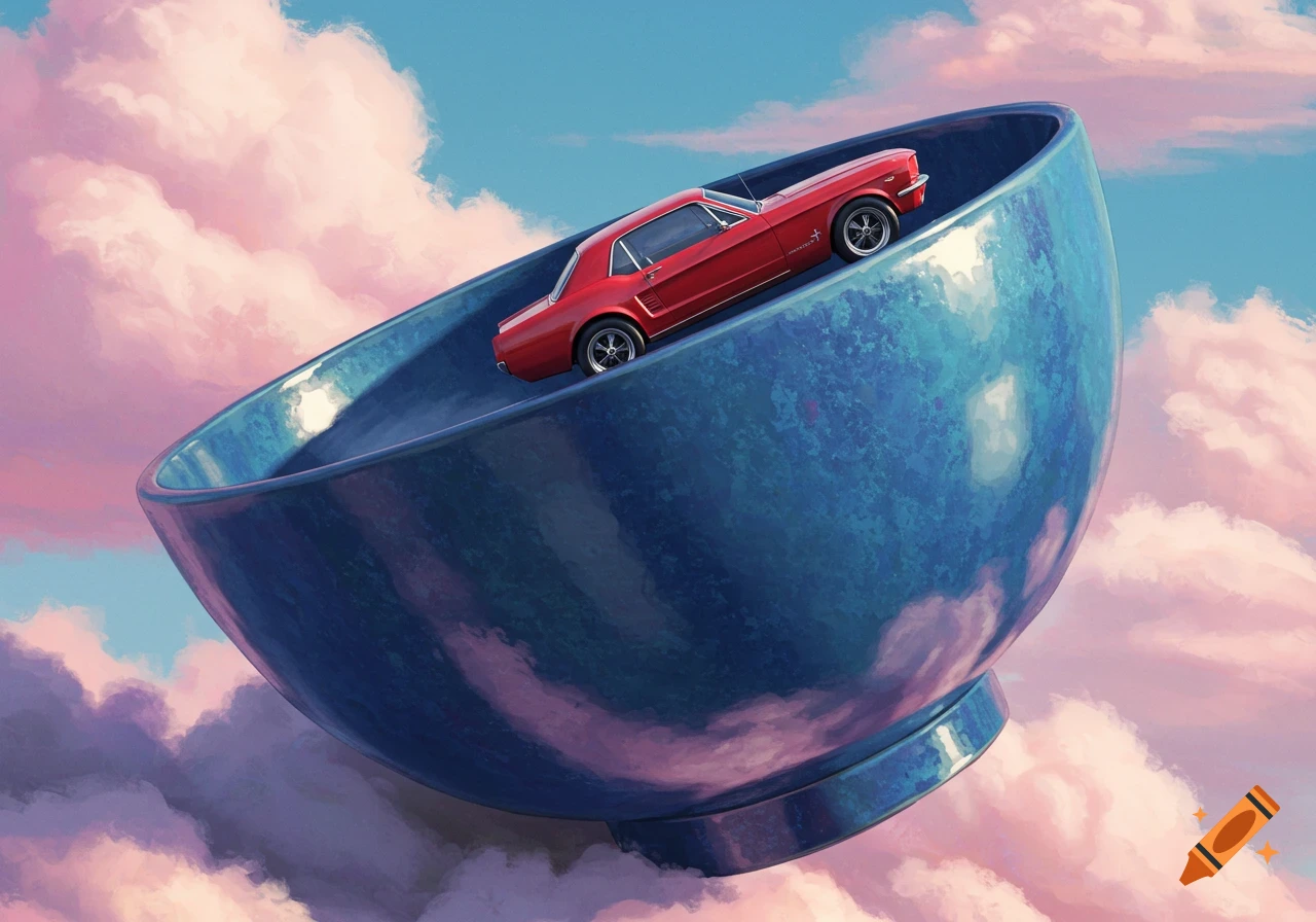 A red classic car inside a large blue bowl, floating among pink and white clouds in a blue sky, in a painted style.
