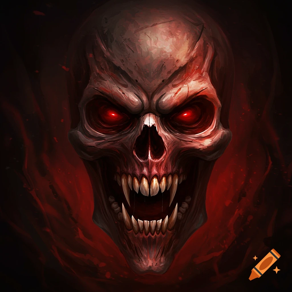 A fierce, stylized skull with glowing red eyes and sharp fangs against a dark, blood-red background.
