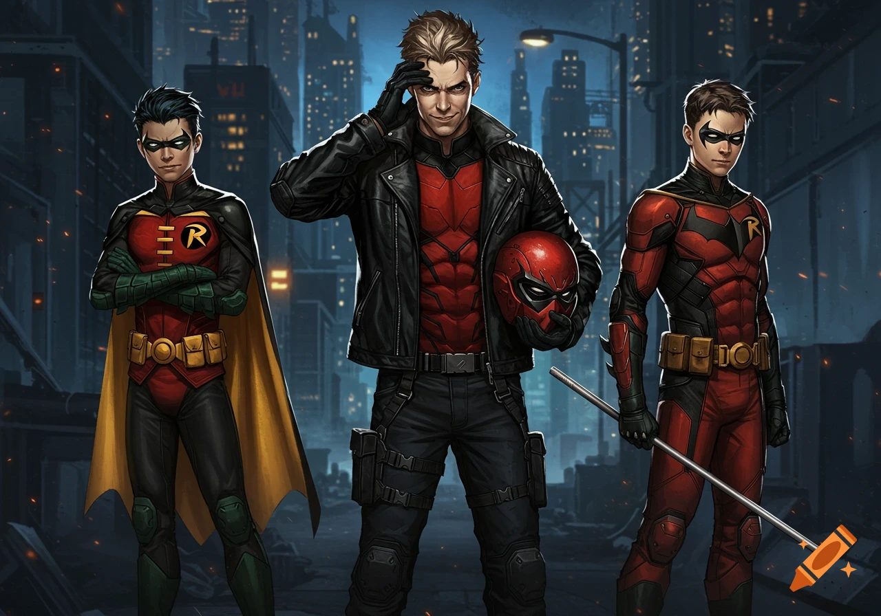 Three male characters in superhero costumes stand in a city setting. The middle character wears a black jacket over a red suit, holding a red helmet. Two characters in red and black Robin costumes stand on either side.
