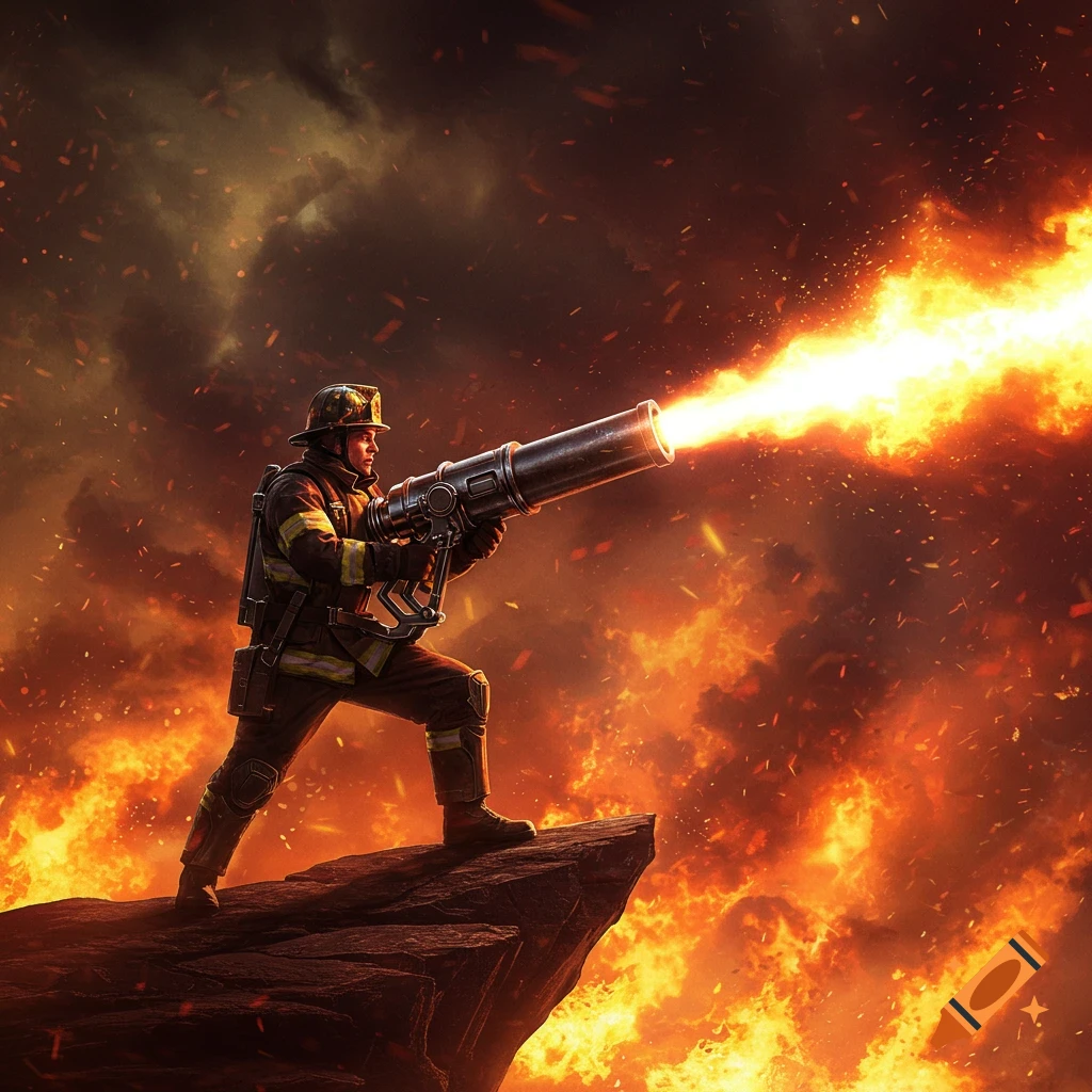 A firefighter on a cliff fires a large cannon, emitting a stream of fire into a blazing, smoke-filled landscape. Digital art.