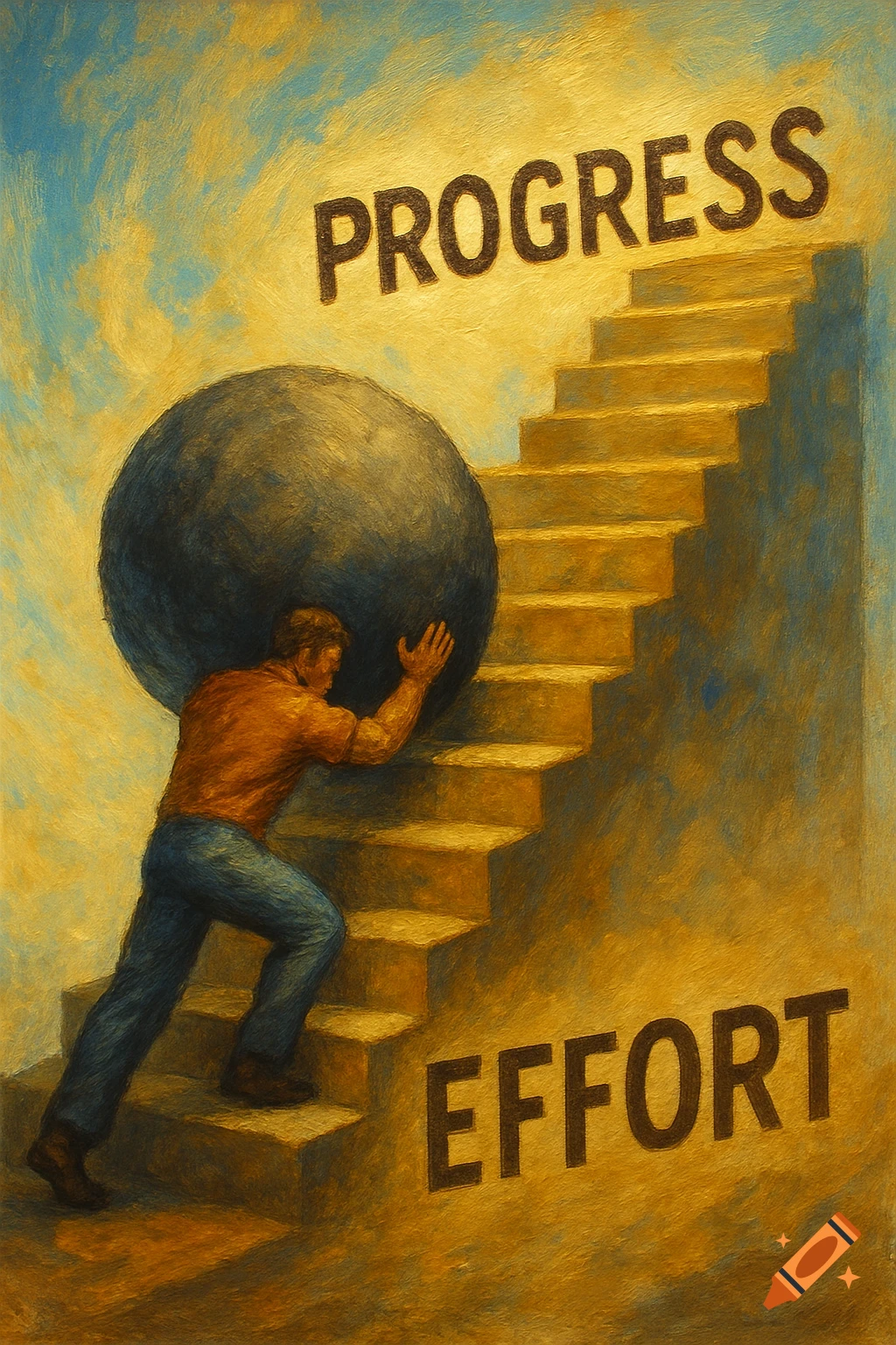 A man pushes a large boulder up a long flight of stairs, with 'PROGRESS' at the top and 'EFFORT' at the bottom, in a painterly style.
