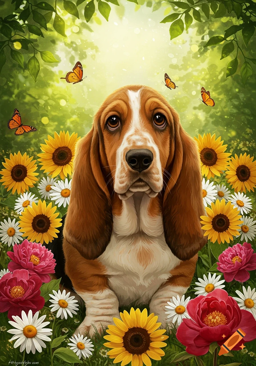 A charming illustration of a basset hound with big floppy ears sitting among colorful sunflowers, daisies, and red peonies, with butterflies fluttering around in a bright green field.