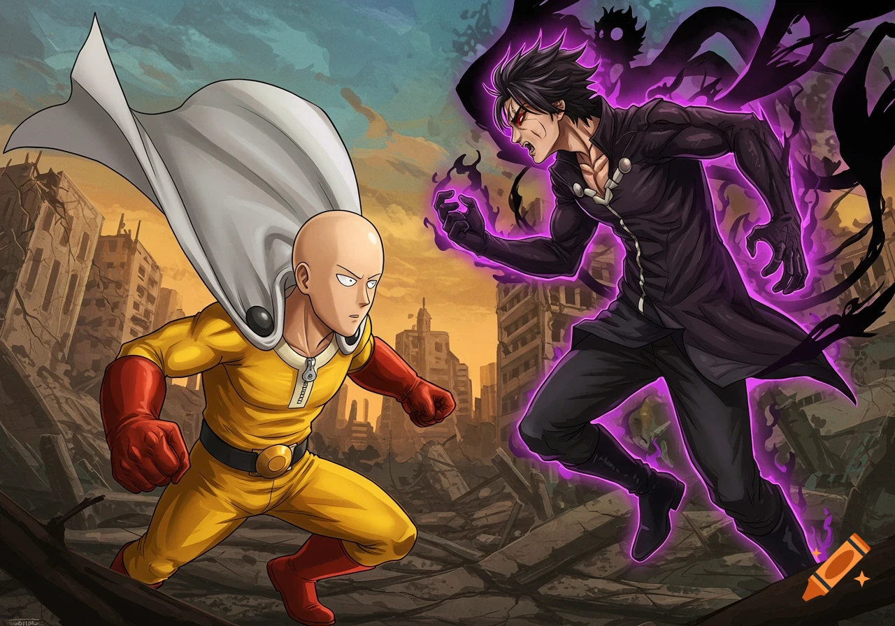 Anime-style illustration of One-Punch Man and a dark-haired character with purple energy in a destroyed city, facing off.