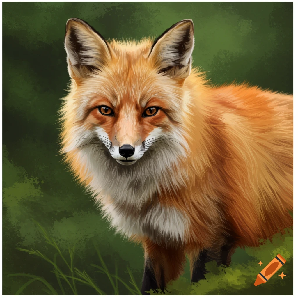 A stylized digital painting of a red fox looking forward, with green foliage in the background.