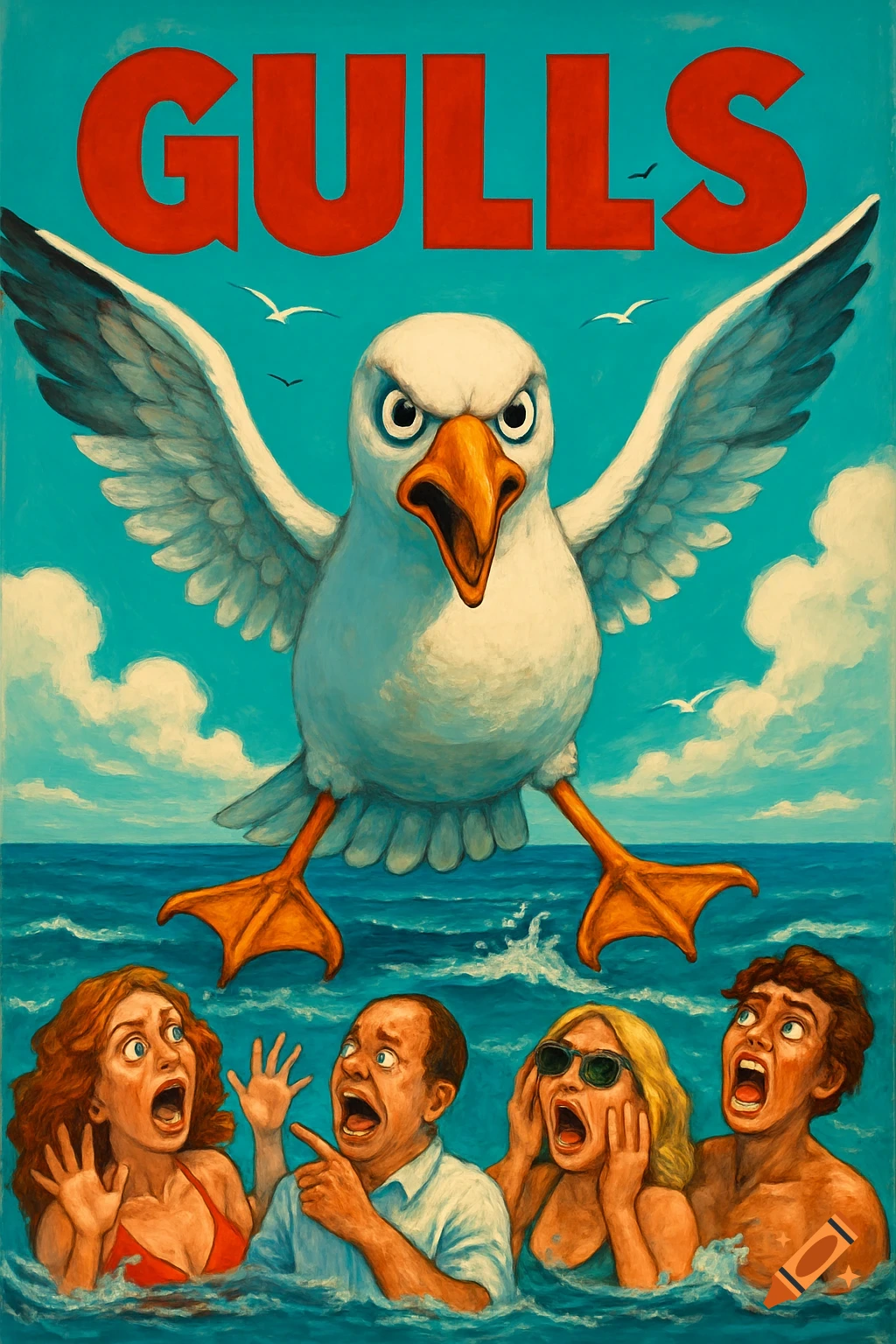 A vintage-style movie poster titled 'GULLS' shows a giant, angry seagull swooping over four screaming people in the ocean.