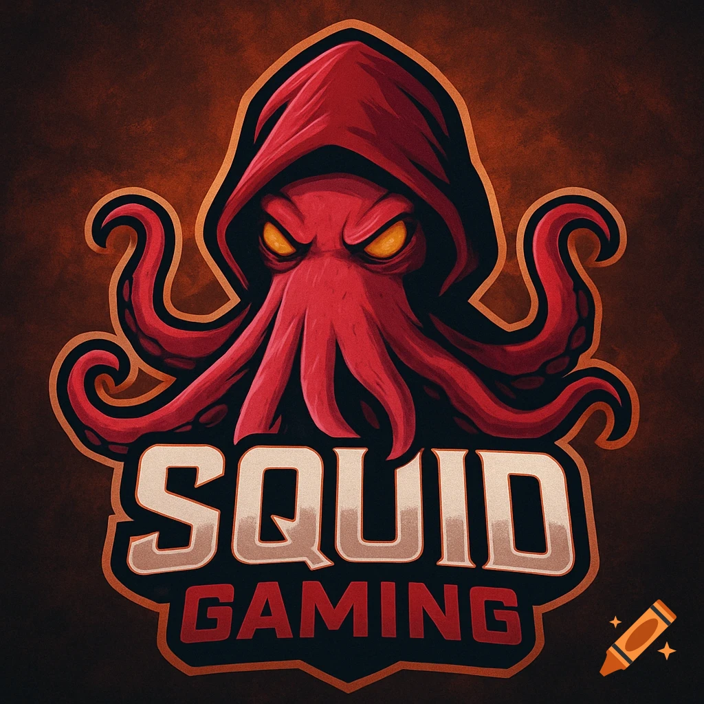 A red octopus wearing a dark hood, with orange eyes, above the text "SQUID GAMING" in a stylized logo.