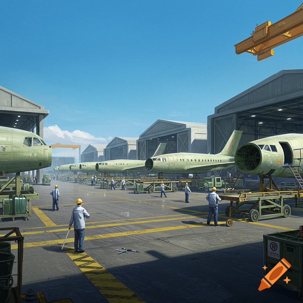 Photorealistic illustration of an airplane assembly line with several aircraft fuselages in hangars and workers.