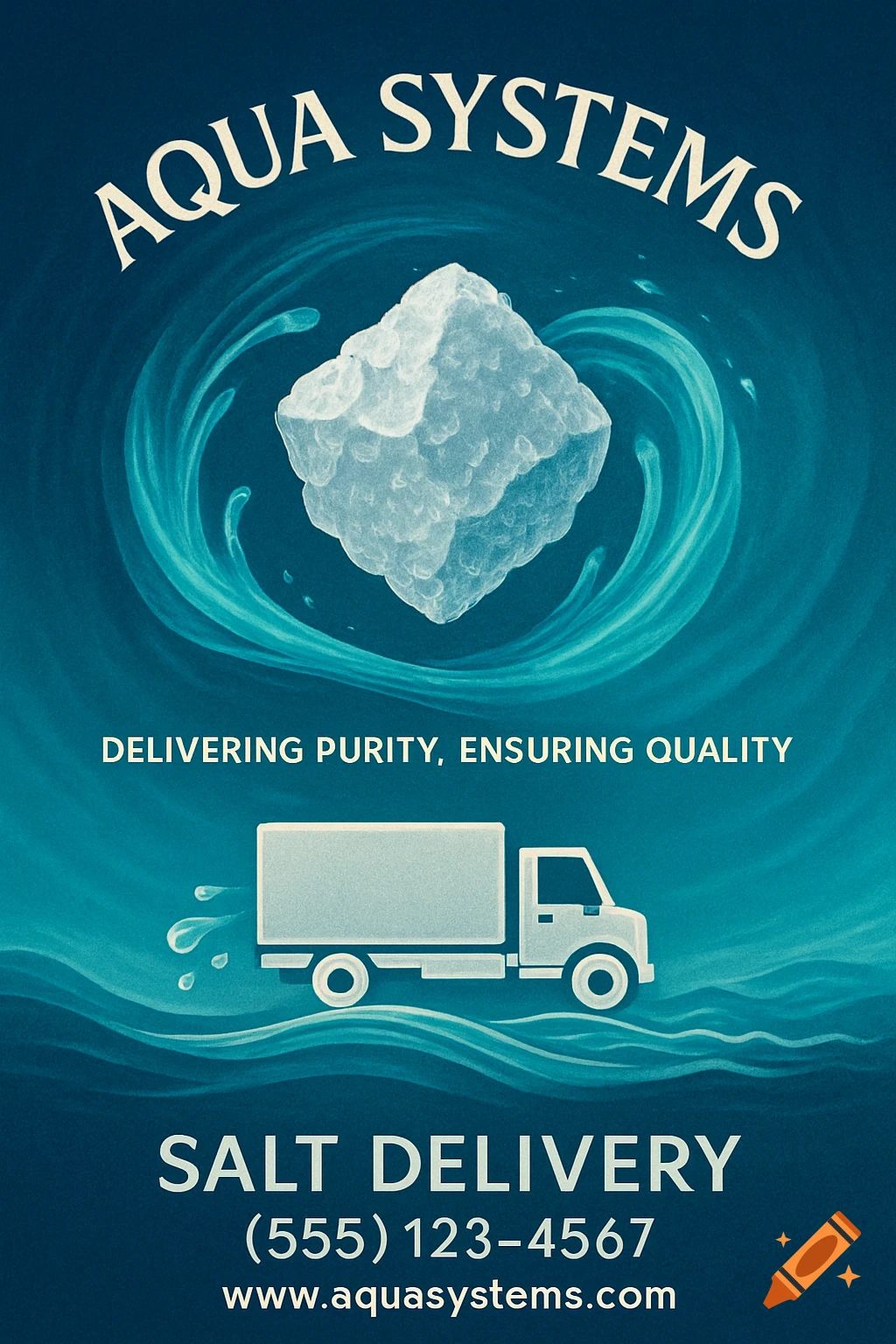 Promotional flyer for Aqua Systems Salt Delivery company, featuring a salt crystal, swirling water, and a delivery truck on a blue background.