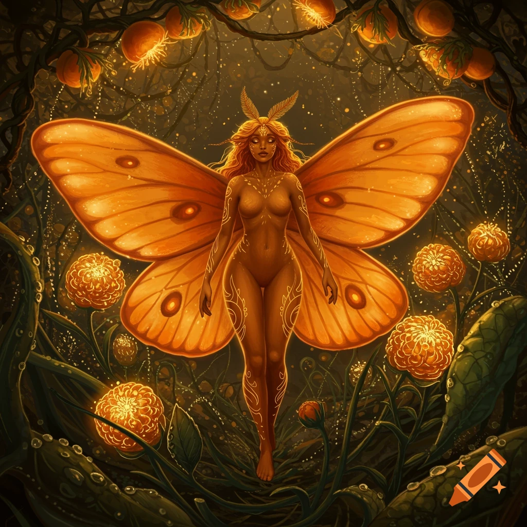 A nude, orange-winged moth lady with glowing skin stands in a magical, dark forest with luminous orange flowers, in a fantasy digital painting style.