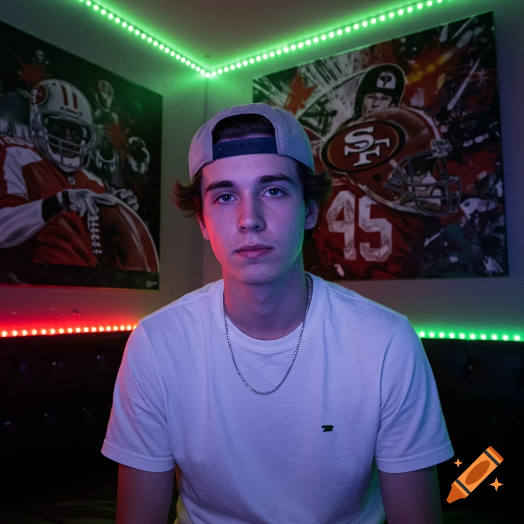 A male teen wearing a white shirt and baseball cap sits in a dimly lit room with green and red LED lights. Two football paintings are on the wall behind him.