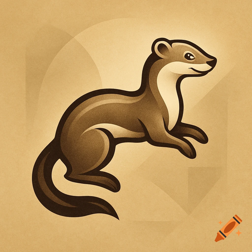 A stylized brown weasel with a white belly, outlined in black, on a beige textured background with faint geometric shapes.