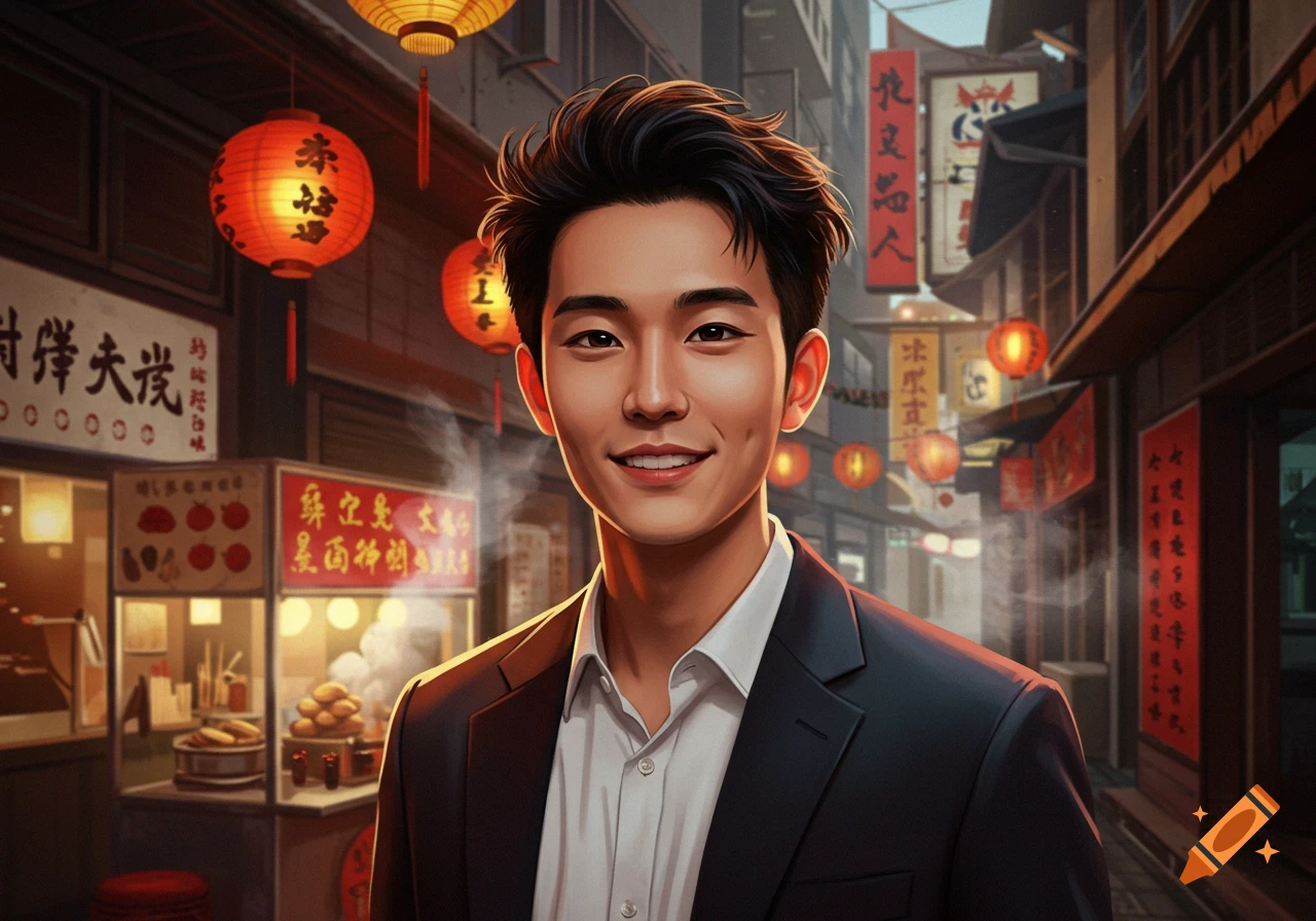 A smiling young man in a suit stands in a bustling Asian street market with red lanterns and food stalls. Stylized digital art.
