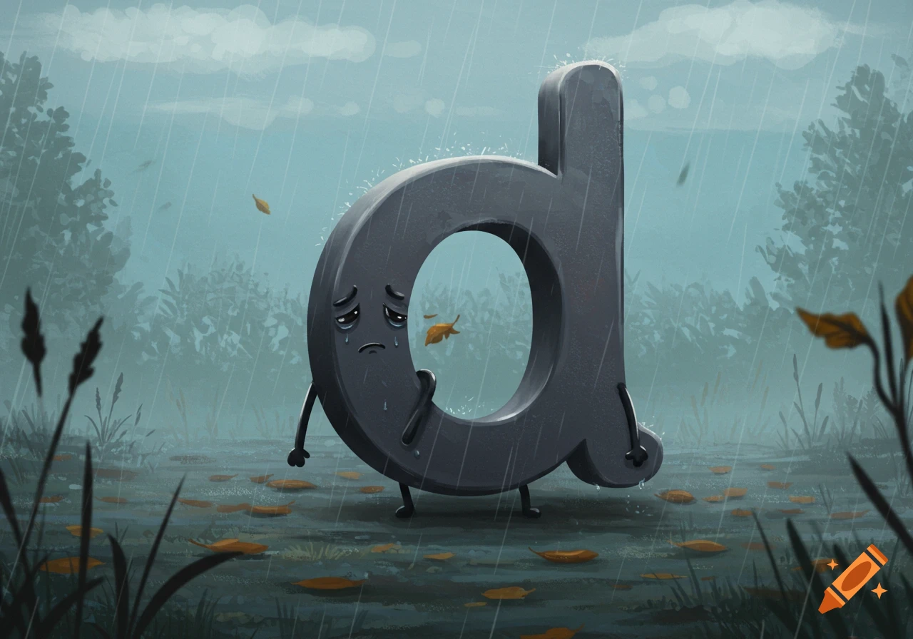 A sad, anthropomorphic lowercase letter 'd' stands in the rain with leaves on the ground, set against a dark, stormy sky and muted green foliage.