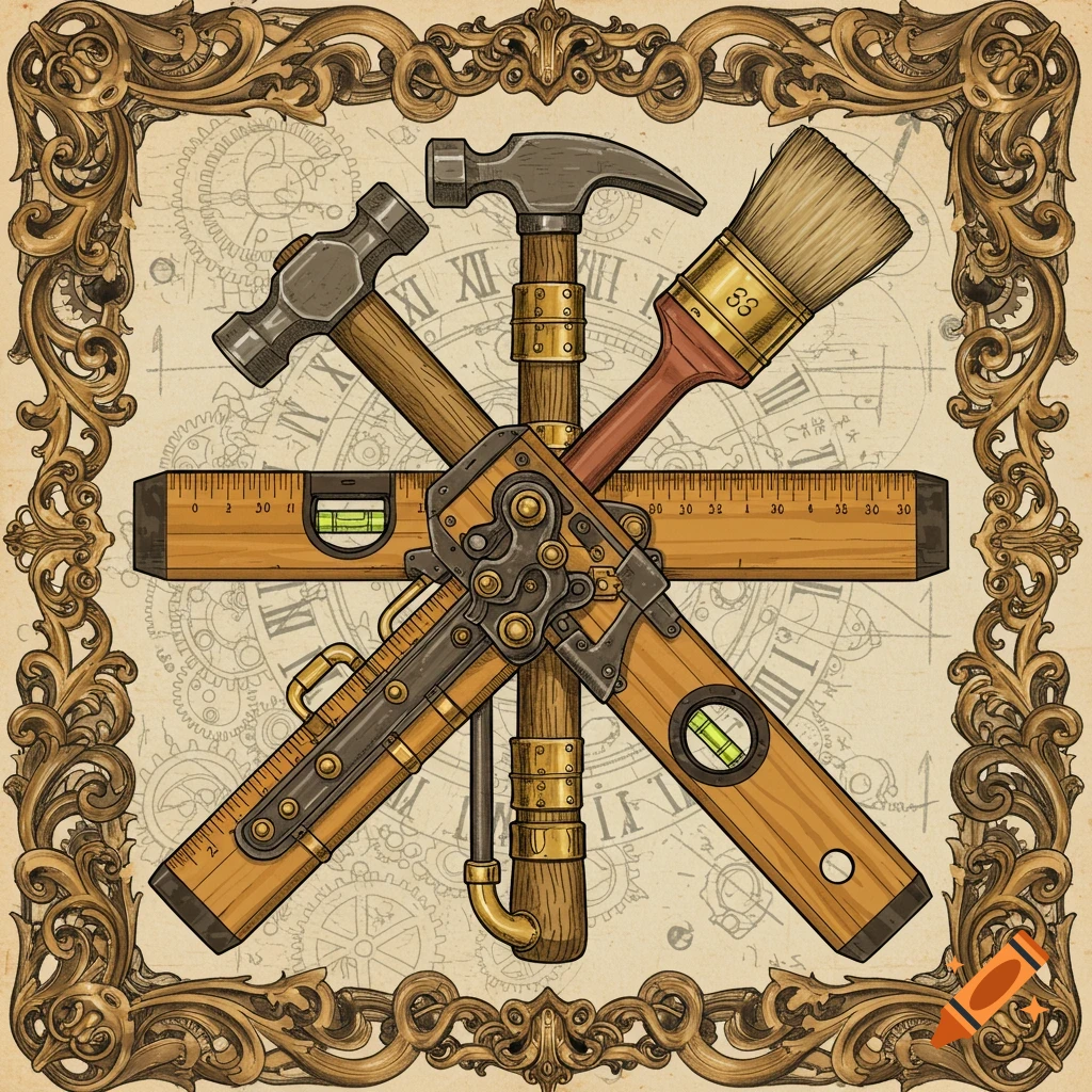 Steampunk illustration of a cross made from a ruler and level, with a hammer and paintbrush behind, framed by ornate gold.