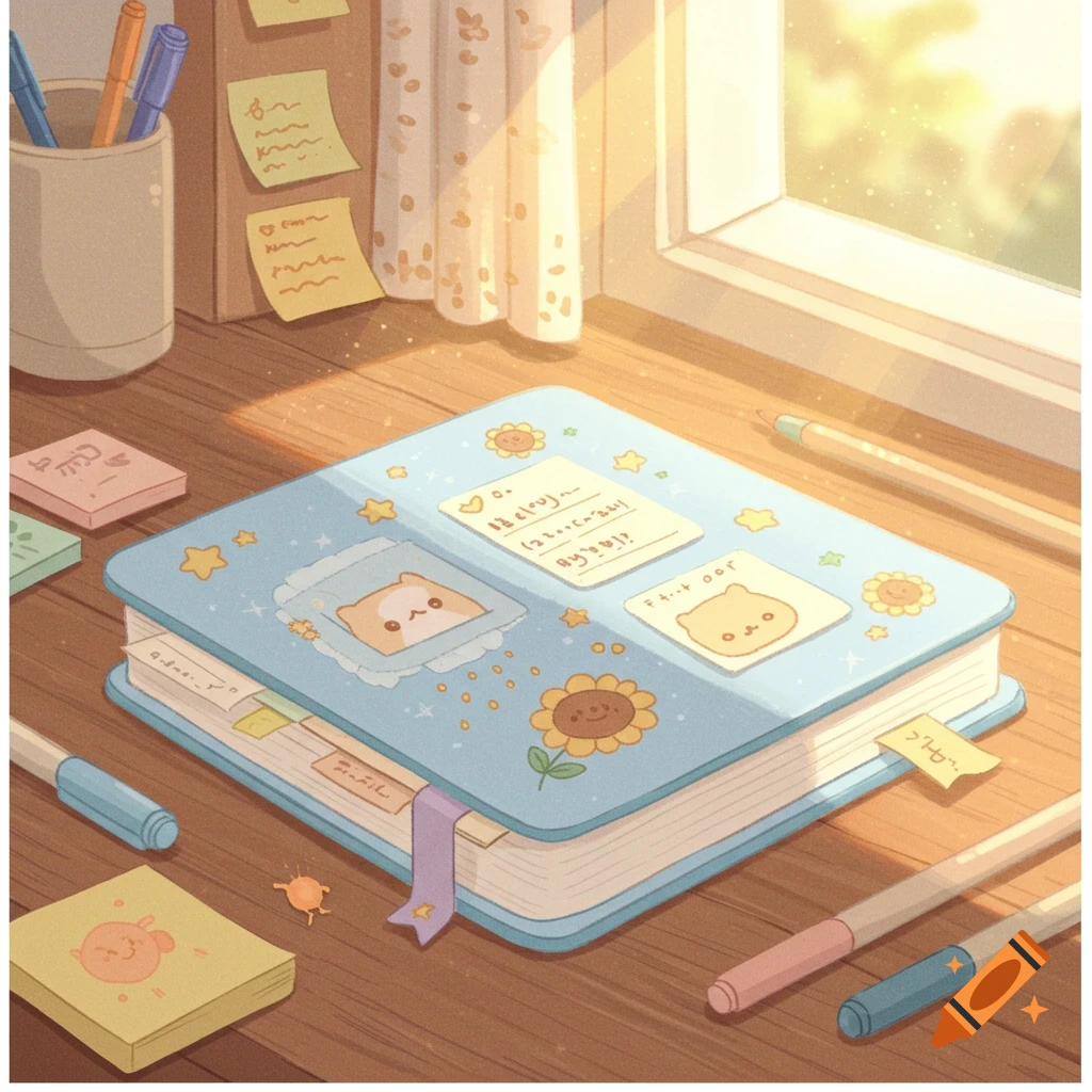 A cute cartoon journal lies open on a sunlit wooden desk with pens, sticky notes, and a window in the background.