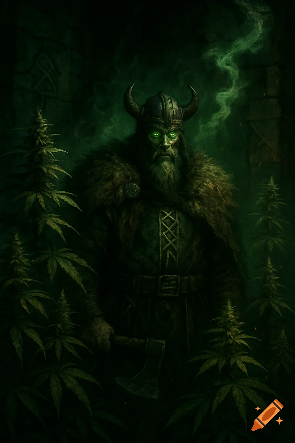 A dark, gritty fantasy image of a horned Viking with glowing green eyes, holding an axe, surrounded by tall cannabis plants and green smoke.