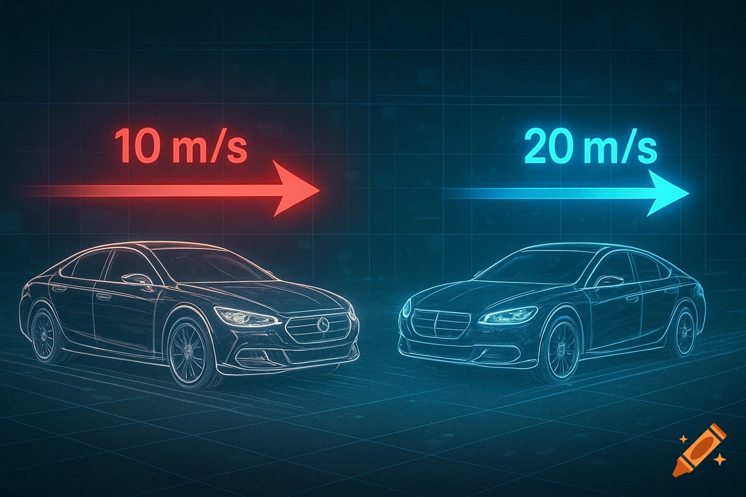 Diagram of two outlined cars with red 10 m/s and blue 20 m/s velocity vectors pointing opposite directions.