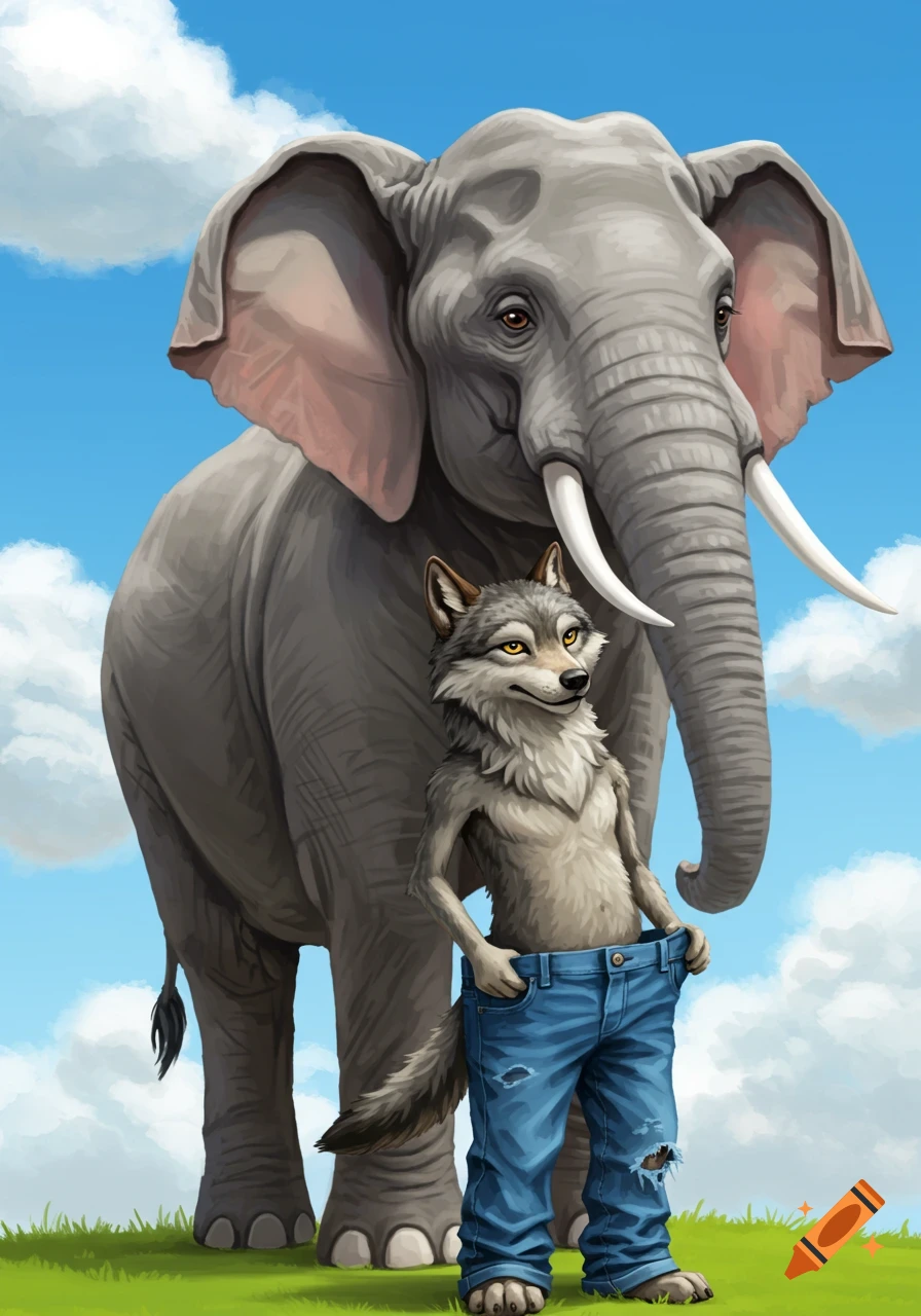 An illustrated scene of an anthropomorphic wolf in blue jeans standing next to a large elephant in a grassy field under a blue sky.