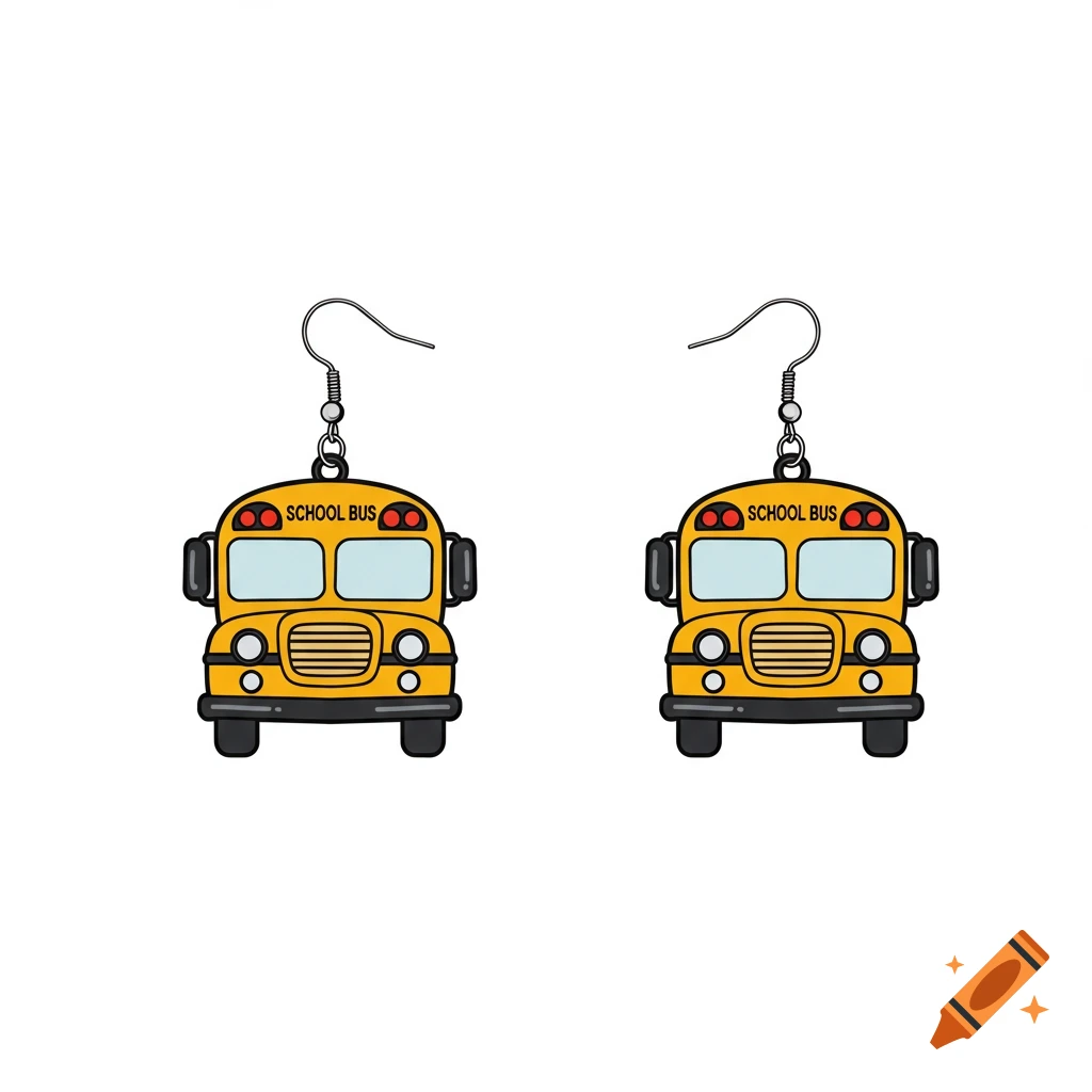 Two yellow cartoon school bus shaped earrings with silver hooks on a white background.