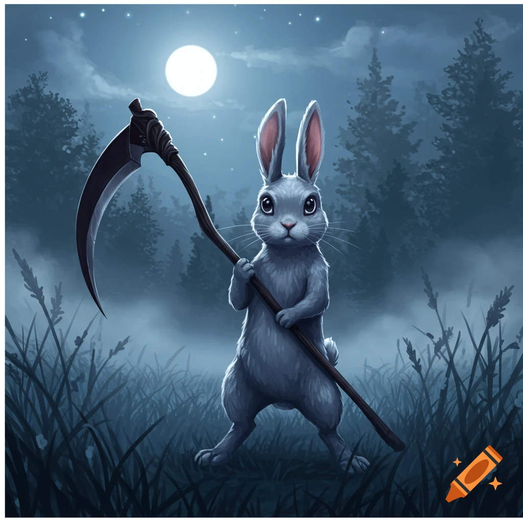 A cute grey rabbit stands in a moonlit forest holding a large scythe, with a full moon overhead.