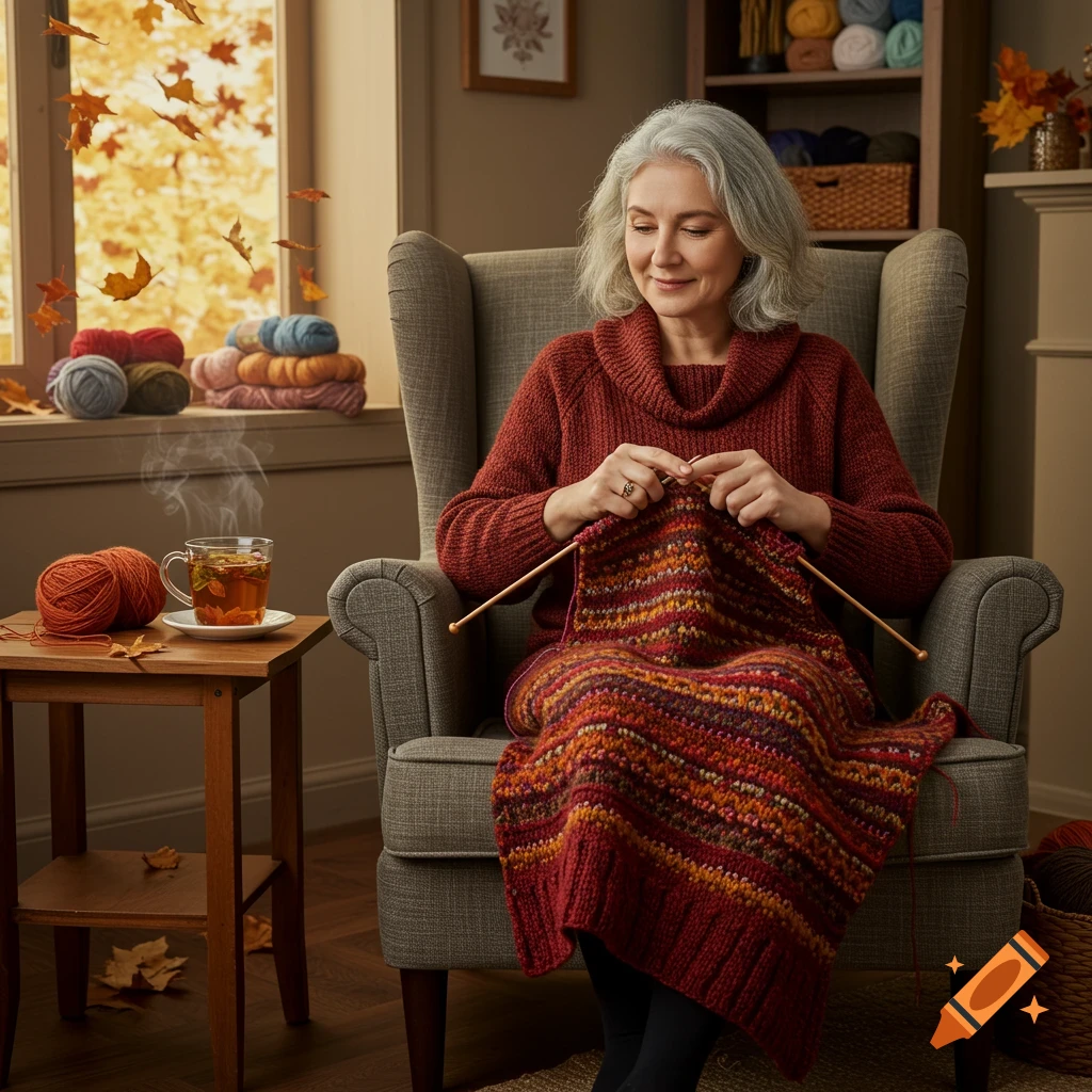A woman with gray hair knitting a colorful blanket in a cozy room with autumn leaves falling outside.