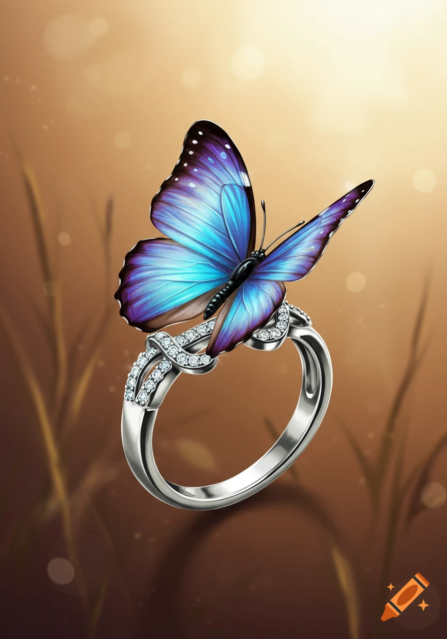 A vibrant blue and purple butterfly with intricate wings rests on a silver ring adorned with sparkling diamonds, against a soft brown background.