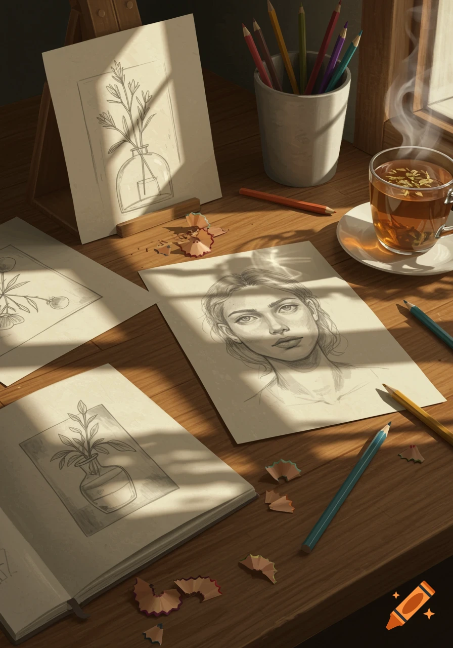 An artist's wooden desk with pencil drawings, colored pencils, pencil shavings, and a cup of tea, bathed in sunlight.