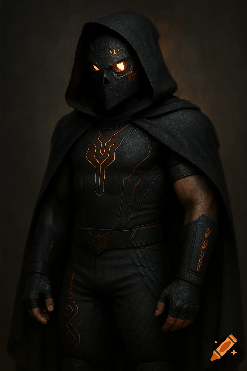 A figure in a dark, hooded costume with a black mask and glowing orange eyes and accents. They wear a cape and armored suit with glowing orange patterns on the chest and limbs.