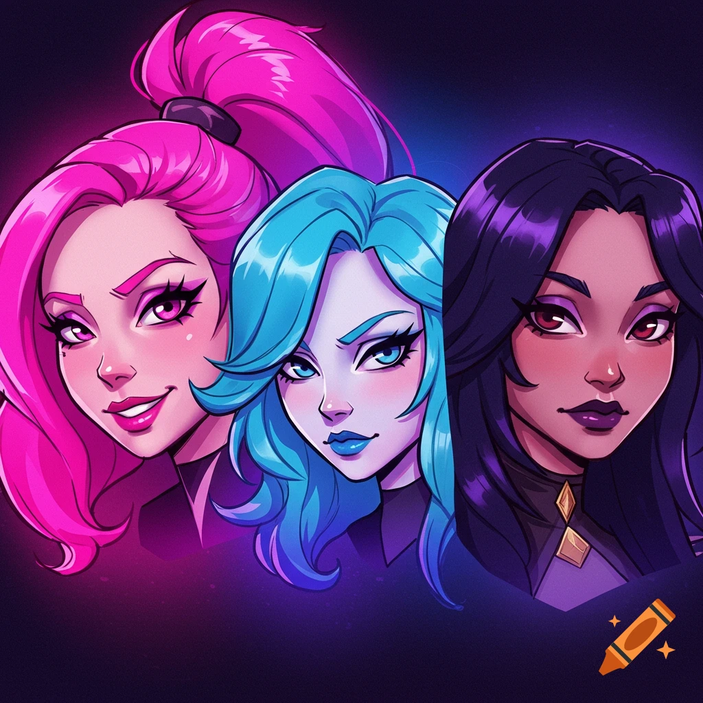 Three stylized cartoon women with pink, blue, and purple hair, depicted from the shoulders up against a dark, glowing background.